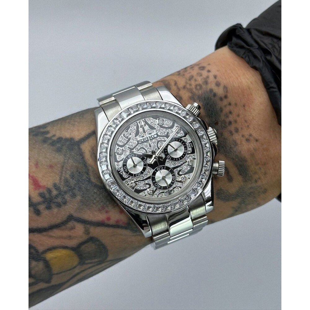 Custom Seiko Mod • Silver Double Diamond Tiger Eye Daytona (Quartz Chronograph) • 39.5mm